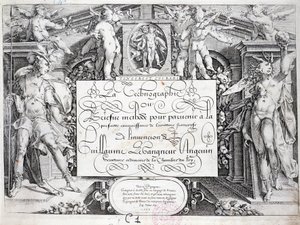 Französische Kalligraphie: Technographie, Frontispiz von Guillaume Le Gangneur um 1599. Historische Bibliothek der Stadt Paris.