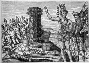 Französische Kolonie in Amerika: Floridianer lieben die Gedenksäule, die von Rene de Laudonniere 1564 zur Erinnerung an die spanischen Angriffe auf die französischen protestantischen Kolonien errichtet wurde. Aus einer Gravur des 16. Jahrhunderts. In „La M von French School