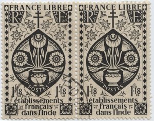 Französische Niederlassungen in Indien - FRANCE LIBRE und Lothringer Kreuz - Briefmarke 1942 von French School
