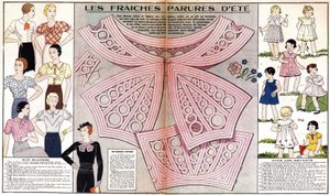 Französische Mode für den Sommer 1934: Damenmode (Blusen) und Kinderkleidung (Kleider und Kostüme). In „Le petit echo de la mode“ von French School