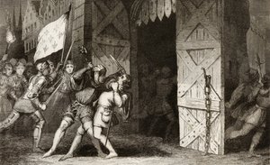 Französische Ritter greifen eine von Engländern gehaltene Stadt während des Hundertjährigen Krieges an, aus 