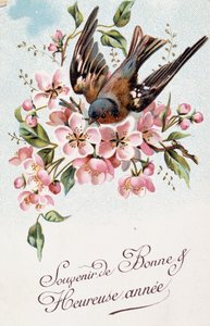 Französische Neujahrskarte mit Blumen und einem Vogel von French School