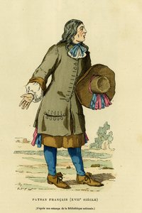 Französisches Bauernkostüm im 18. Jahrhundert. Farbgravur nach einem Druck der Nationalbibliothek, in „Frankreich und die Franzosen durch die Jahrhunderte“ von Augustin Challamel, F. Roy Herausgeber, Paris 1882. Sammlung Selva.