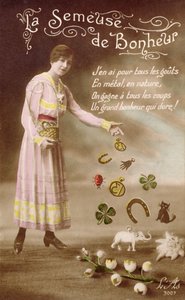 Französische Postkarte, die La Semeuse de Bonheur (Die Säerin des Glücks) darstellt, 29. März 1914