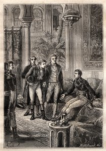 Friedrich Konrad Hornemann (1772-1801) traf Napoleon Bonaparte in Kairo 1797 in Anwesenheit von Gaspard Monge (1746-1818) und Claude Louis Berthollet (1748-1822) - Illustration aus „Die großen Seefahrer des 18. Jahrhunderts“