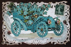 Freundschaftsgrußkarte mit einem mit Blumen bedeckten Auto, frühes 20. Jahrhundert von French School