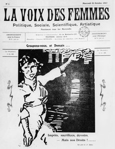Titelseite von La Voix des Femmes, veröffentlicht in Paris, Oktober 1917 (gedrucktes Papier und Holzschnitt)