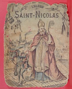 Vorderseite eines Bilderalbums, das den heiligen Nikolaus zeigt, wie er den Kindern Geschenke bringt, spätes 19. Jahrhundert von French School