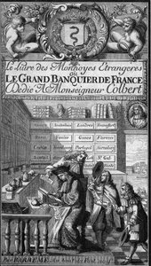 Frontispiz des „Livre des monnoyes étrangères ou le grand banker de France“ (1687) von François Barrême (1638-1703), französischer Mathematiker. Die schreibende Figur ist wahrscheinlich ein Porträt des Autors. Gravur in „Le Magasin pittoresque“ von French School