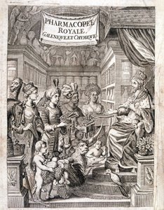 Frontispiz von „Pharmacopoeia royal, galenic and chymic“ von Morse Charas, Pharmazie im Königlichen Garten der Pflanzen bei Laurent d