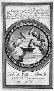 Frontispiz der „Factums“ gegen die Französische Akademie von Antoine Furetière (1619-1688). Gravur von 1860. von French School