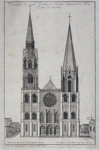 Frontispiz des großen Portals der Kathedrale Notre Dame in Chartres, vor Ort entworfen von Saint Vincent Geographer Engineer, 19. Jahrhundert von French School