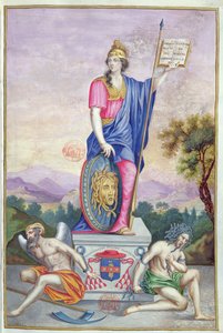 Frontispiz allegorische Illustration der Göttin Minerva aus Les Panegyriques des Hommes Illustres de Notre Siecle von Puget de la Serre, 1655 von French School