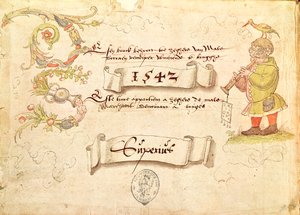 Frontispiz aus Recueil de chants religieux et profanes IX, Darstellung eines Mannes mit Brille, der ein Blasinstrument spielt und einen Vogel auf dem Kopf hat, 1542 von French School