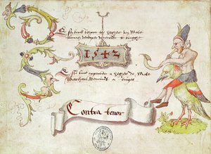Frontispiz von Recueil de chants religieux et profanes II, Darstellung eines Mannes, der ein gebogenes Blasinstrument spielt und auf einem Vogel reitet, Countertenor-Partie, 1542 von French School