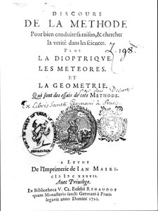 Frontispiz des Discours de la Methode gefolgt von La Dioptrique, Les Meteores et La Geometrie von Rene Descartes (1596-1650), erstmals veröffentlicht in Leiden 1637