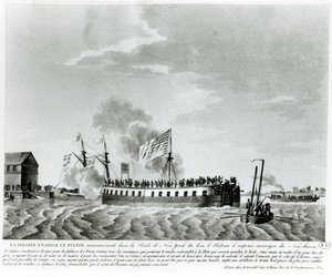 Fultons dampfbetriebenes Kriegsschiff, Fulton der Erste, entworfen und gebaut von Robert Fulton zur Verteidigung von New York im Krieg von 1812 von French School