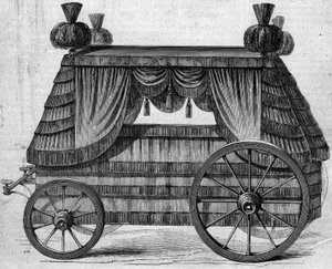 Leichenwagen von Kaiser Napoleon I (1769-1821) nach St. Helena, geschenkt von Königin Victoria I. an Napoleon III. im Jahr 1858. Gravur in „Le Monde Illustré“ Nr. 76 vom 25. September 1858. von French School
