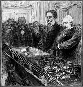 Beerdigung von James Abram Garfield (1831-1881), Präsident der Vereinigten Staaten: sein Nachfolger, Chester Alan Arthur (1830-1886) und Sekretär Blain vor dem Sarg unter der Kuppel des Washingtoner Kapitols. Gravur in „Le Monde Illustré“ Nr. 1282 von