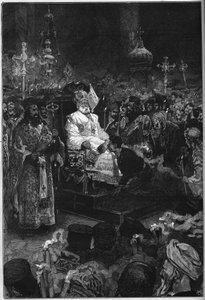 Beerdigung von Joachim II. (1791-1878): der Leichnam des ökumenischen Patriarchen von Konstantinopel wird in der patriarchalen Kirche in Phanar ausgestellt. Er ist in seine priesterlichen Gewänder und eine Mitra gekleidet. Gravur in „Le Monde Illustré“ Nr. von French School
