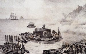 Begräbnis von Napoleon I.: Abfahrt von St. Helena - Zeichnung von Levilly, in "Historisches Gemälde des Begräbnisses von Napoleon" von M. St Maurice, ca. 1851