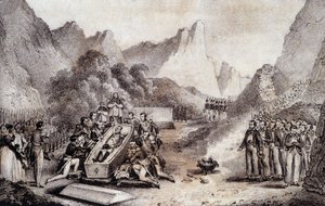 Begräbnis von Napoleon I.: Exhumierung des Körpers von Napoleon auf St. Helena - Zeichnung von Levilly, in „Historisches Gemälde des Begräbnisses von Napoleon“ von M. St Maurice, ca. 1851