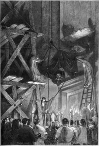 Begräbnis von Papst Pius IX. (Pio) (1792-1878): die Beisetzung des Leichnams in der Basilika St. Peter in Rom. Gravur in „Le Monde Illustré“ Nr. 1093 vom 9. März 1878