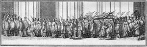 Begräbnis eines Papstes im 18. Jahrhundert: der Leichnam des Papstes wird zur Peterskirche in Rom getragen. Gravur in „Histoire des religions“