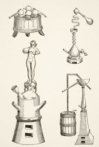 Ofen, Retorten, Destillierapparate, die von Chemikern und Alchemisten im 16. Jahrhundert verwendet wurden, aus Wissenschaft und Literatur im Mittelalter von Paul Lacroix (1806-84), veröffentlicht in London 1878 von French School
