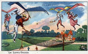 Futuredays: Eine Vision des 19. Jahrhunderts vom Jahr 2000 - Serie „Im Jahr 2000“: Rasen-Tennis - Chromolithographie von Villemard von French School
