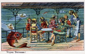 Futuredays: Eine Vision des 19. Jahrhunderts vom Jahr 2000 - Serie „Im Jahr 2000“: Seeterrasse (unter dem Meer). Chromolithographie von Villemard