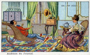Futuredays: Eine Vision des 19. Jahrhunderts vom Jahr 2000 - Serie „Im Jahr 2000“: Anhörung der Zeitung (Radio). Chromolithographie von Villemard