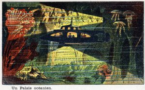 Futuredays: Eine Vision des 19. Jahrhunderts vom Jahr 2000 - Serie „Im Jahr 2000“: Ein Pazifischer Palast (ein kleines U-Boot). Chromolithographie von Villemard