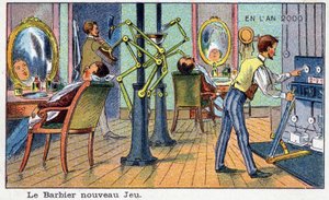 Futuredays: Eine Vision des 19. Jahrhunderts vom Jahr 2000 - Serie „Im Jahr 2000“: Das neue Spiel Barber (automatische Maschine). Chromolithographie von Villemard
