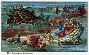 Futuredays: Eine Vision des 19. Jahrhunderts vom Jahr 2000 - Serie „Im Jahr 2000“: Ein seltsamer Anhang (Panzer, der von Fischen unter Wasser gezogen wird). Chromolithographie von Villemard