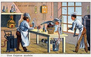 Futuredays: Eine Vision des 19. Jahrhunderts vom Jahr 2000 - Serie: Eine Modellküche. Chromolithographie von Villemard von French School