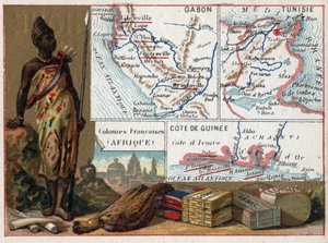 Gabun, Tunesien und die Küste von Guinea in Afrika. Serie über die französischen Kolonien. Rohstoffe: Gummi, Schwamm, Tabak und Seiden, Elfenbein. Chromolithographie, ca. 1920. Privatsammlung. von French School