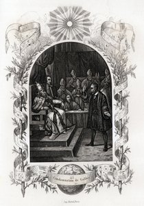 Galileo Galilei (1564-1642) vor dem Heiligen Offizium im Vatikan. Der Astronom wurde 1632 vom Inquisitionstribunal verurteilt. Gravur zur Illustration der „Geschichte der Päpste“ von Maurice Lachatre (1814-1900)