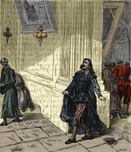 Galileo Galilei (1564-1642), italienischer Wissenschaftler, beobachtet das pendelartige Schwingen einer Lampe in der Kathedrale von Pisa, Italien, im Jahr 1582 - Galileo Galilei genannt Galilei (1564-1642) beobachtet die Schwingung der Lampe der Kathedrale
