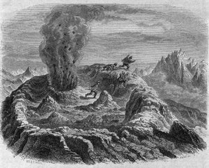 Gasausbruch des Antujo-Vulkans in Chile. Gravur von Freeman in „The Picturesque Magasin“