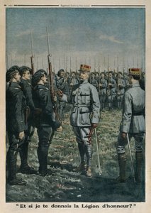 General Petain inspiziert das 42. Gebirgsjägerregiment, und was, wenn ich Ihnen die Ehrenlegion gebe, Rückseitenillustration aus Le Petit Journal, supplement illustre, 23. September 1917 von French School
