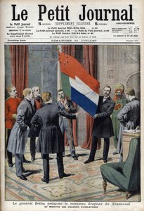 General Pieter Willem Botha (ein Bure) präsentiert die neue Flagge des Transvaal (Südafrika) dem englischen Kolonialminister Lord Elgin - In „Le Petit Journal“ vom 21. Juli von French School