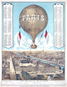 Gesamtansicht von Paris und Liste der Ballonabflugorte während der Belagerung von Paris, 1871