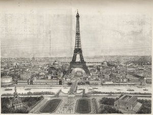 Gesamtansicht der Weltausstellung in Paris 1889 mit dem Eiffelturm vom Trocadero aus, Gravur - Gesamtansicht der Weltausstellung in Paris 1889 mit dem Eiffelturm, Gravur in Le Monde Illustré von 1889 von French School