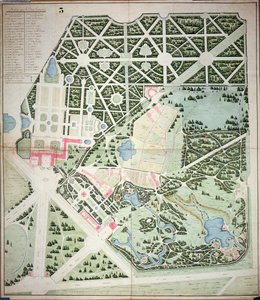 Allgemeiner Plan der Parks der beiden Trianon-Paläste, Versailles, frühes 19. Jahrhundert (Feder & Tinte und Aquarell auf Papier)