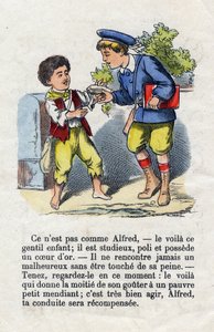 Großzügigkeit. Kind gibt einem kleinen Bettler die Hälfte seines Geschmacks. Alphabet der kleinen Jungen. Abecedarium mit moralischem Wert, das Leseübungen enthält. Bild von Epinal, Ende des 19. Jahrhunderts