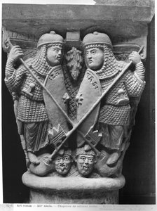 Großzügigkeit und Wohltätigkeit durchbohren zwei Laster, Kapitell darstellend den Kampf der Laster gegen die Tugenden, aus der Kirche Notre-Dame-du-Port, Clermont-Ferrand (Gipsabguss)