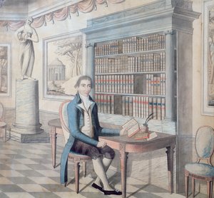 Herr liest in seiner Bibliothek von French School