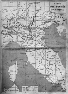 Geografische Karte der Herzogtümer Mittelitaliens im Jahr 1860. Gravur in „Le Monde Illustré“ Nr. 143 vom 7. Januar 1860 von French School
