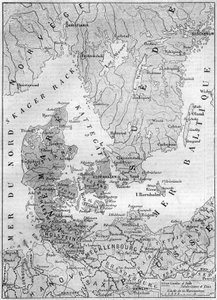 Geografische Karte von Dänemark im Jahr 1861, mit den Herzogtümern Schleswig, Holstein und Lauenburg. Gravur in „Le Monde Illustré“ Nr. 200 vom 9. Februar 1861